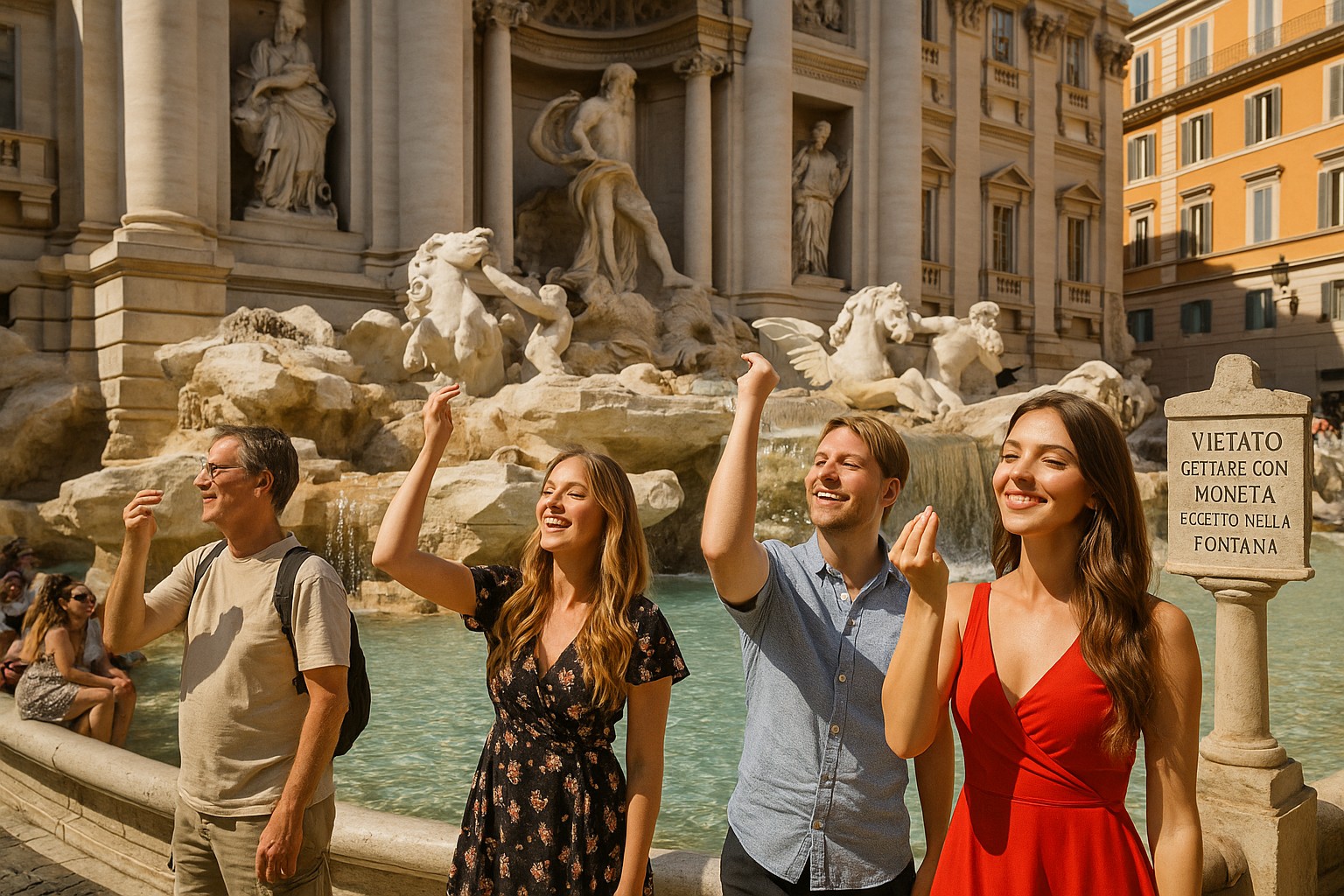 Menschen werfen Münzen in den Trevi-Brunnen in Rom, um sich etwas zu wünschen.
