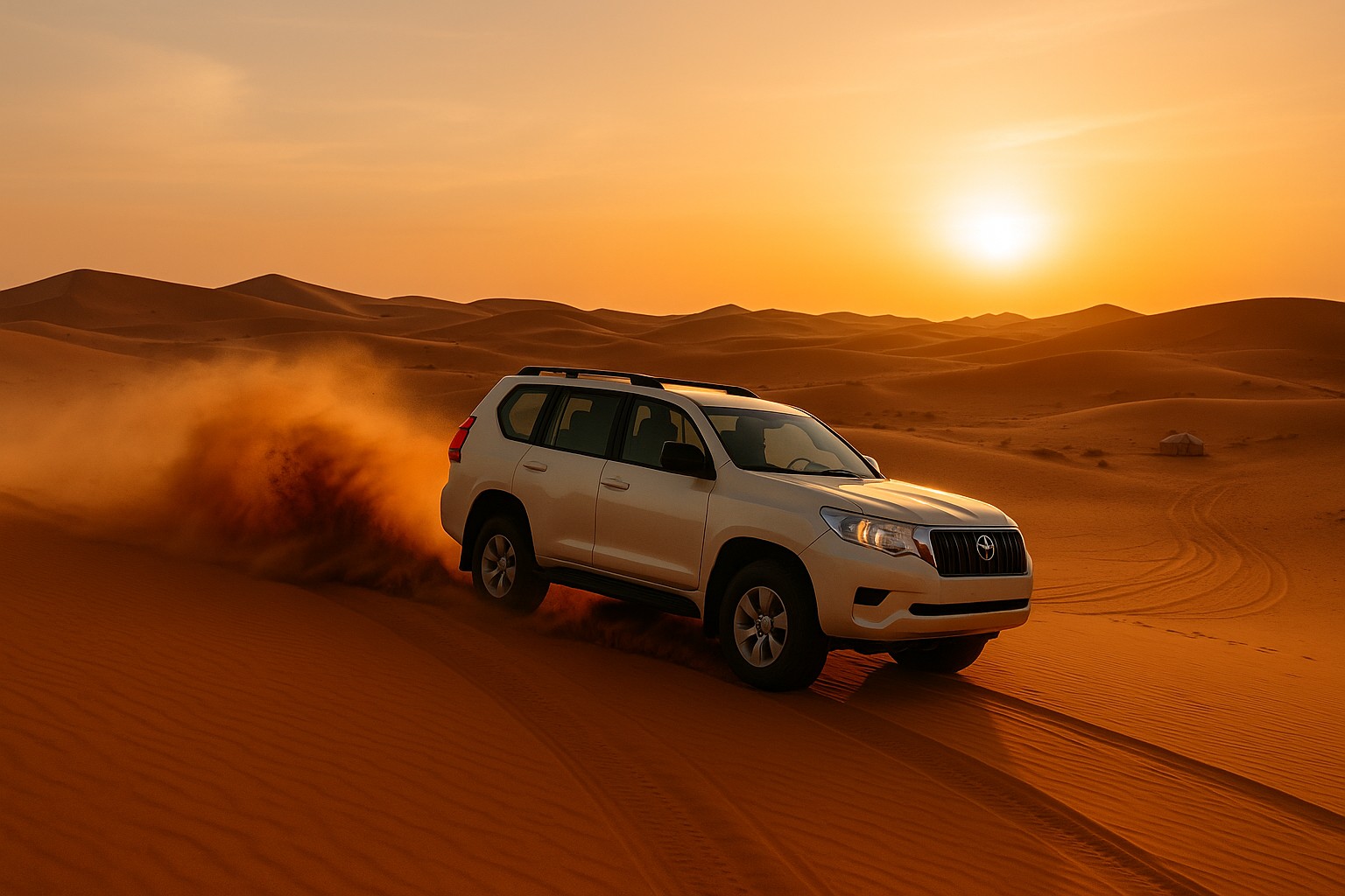Ein weißer Geländewagen fährt mit hoher Geschwindigkeit durch die Dünen der marokkanischen Wüste bei Sonnenuntergang, wirbelt dabei eine Staubwolke auf – im Hintergrund weite Sandlandschaften und ein einsames Zelt.
