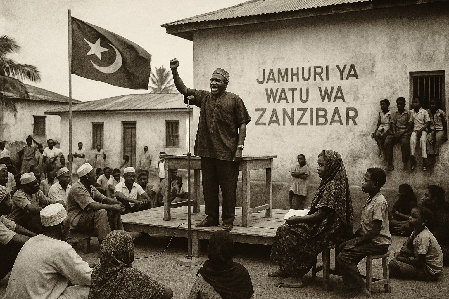 Historische Schwarz-Weiß-Aufnahme einer Rede auf Sansibar 1964 mit revolutionärer Flagge und dem Schriftzug „Jamhuri ya Watu wa Zanzibar“.
