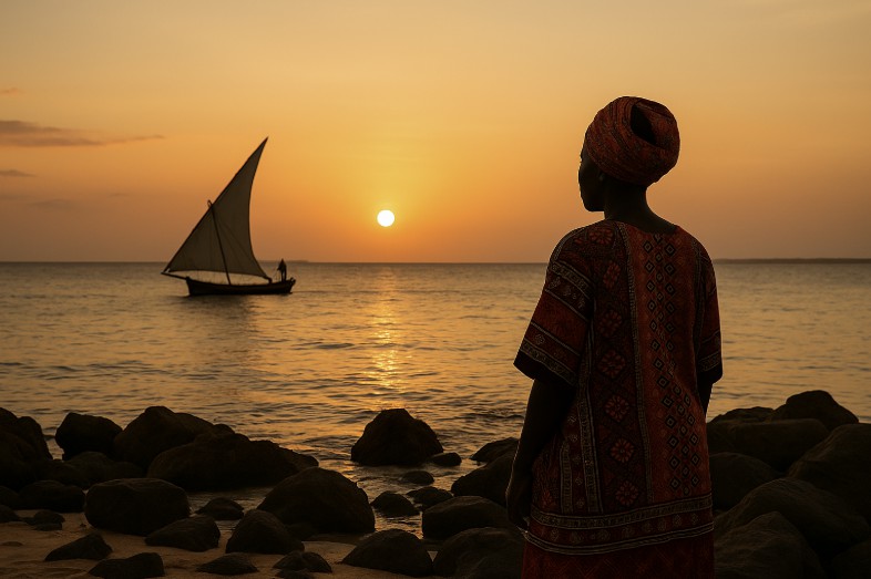Eine afrikanische Frau in traditioneller Kleidung blickt nachdenklich auf das Meer hinaus, während sie auf einem Felsen an der Küste von Sansibar sitzt – ein Symbol für die historische Bedeutung des Namens „Zanzibar“ als „Küste der Schwarzen“.
