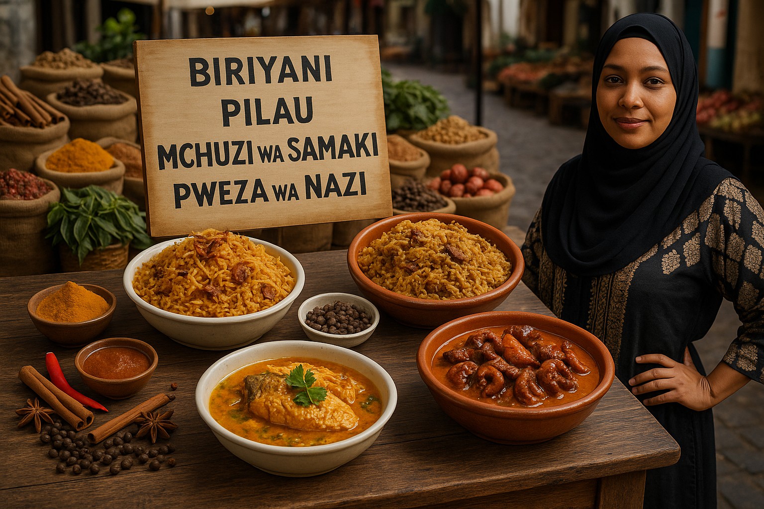 Eine Auswahl an traditionellen zanzibarischen Gerichten wie Biryani, Pilau, Fischcurry und Oktopus in Kokossoße wird auf einem Marktstand präsentiert. Im Hintergrund eine lächelnde Frau in traditioneller Kleidung.
