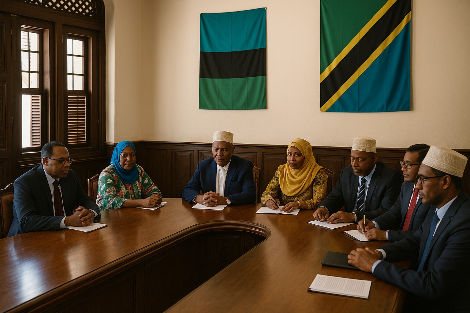 Sitzung des zanzibarischen Parlaments mit sieben Abgeordneten an einem ovalen Holztisch. Hinter ihnen die Flaggen von Sansibar und Tansania.
