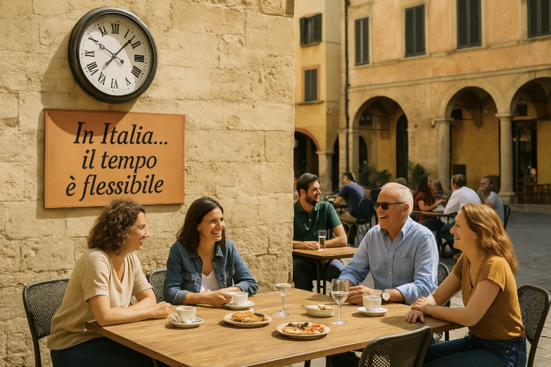 Straßencafé auf einer italienischen Piazza, Menschen sitzen entspannt, lachen, trinken Kaffee. An der Wand eine Uhr und ein Schild mit „In Italia… il tempo è flessibile“.
