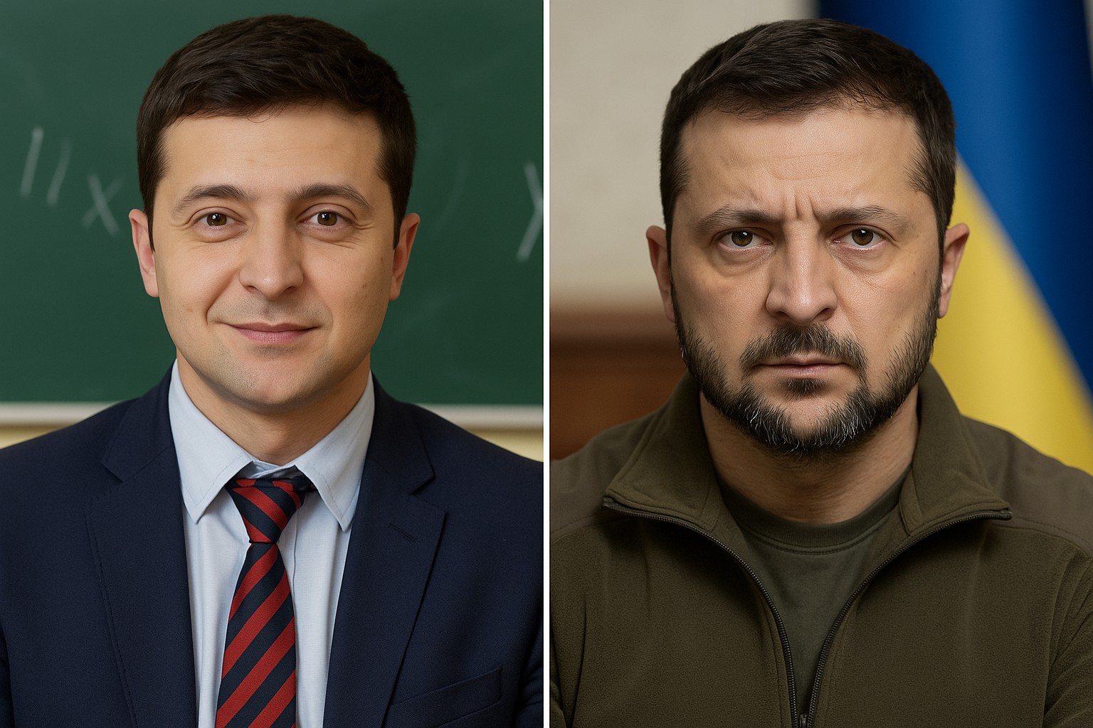 Ein nebeneinander angeordnetes Foto zeigt den ukrainischen Präsidenten Wolodymyr Selenskyj in zwei Lebensphasen: links als junger Schauspieler in Anzug und Krawatte vor einer Schultafel, rechts als heutiger Präsident mit ernster Miene, Bart und olivgrüner Kleidung vor unscharfer ukrainischer Flagge.
