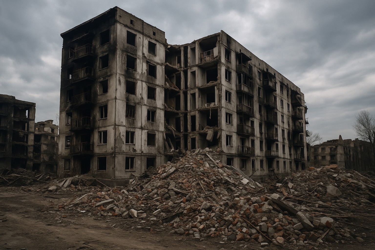 Eine hochauflösende Fotografie zeigt die Ruinen eines schwer beschädigten Wohngebäudes in der Stadt Mariupol nach dem Krieg. Das linke Drittel des Gebäudes ist eingestürzt, Balkone und Fensterrahmen hängen lose, und auf dem Boden türmen sich massive Trümmerhaufen aus Ziegeln, Holz und Stahl. Der Himmel ist bewölkt, die Atmosphäre düster und verlassen.
