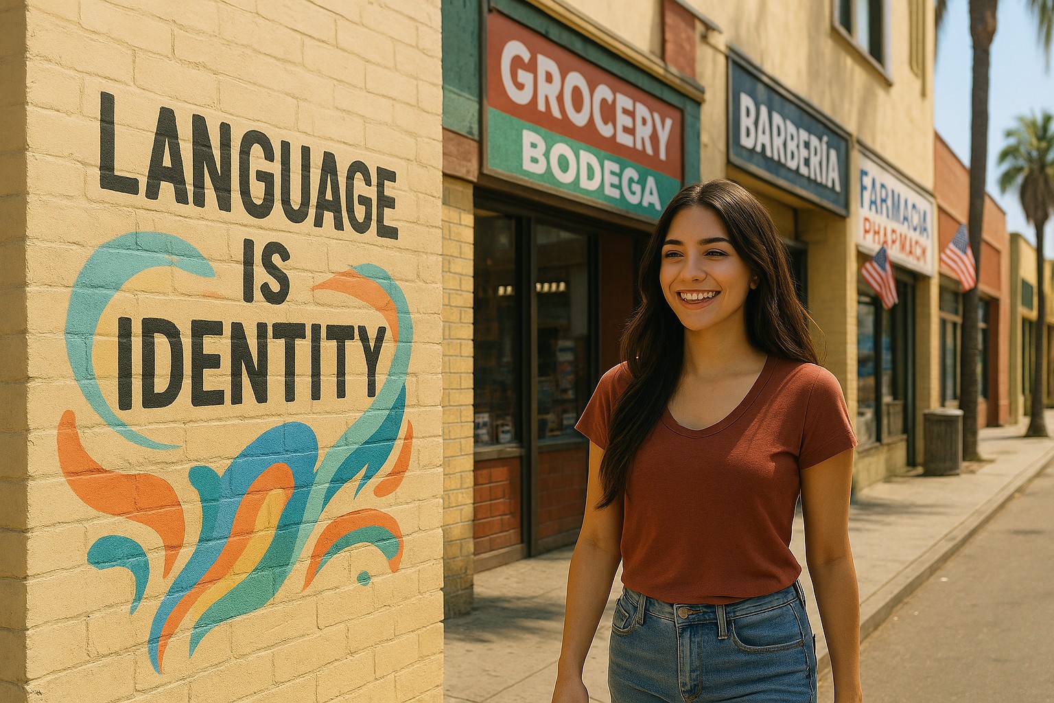 Eine junge Latina-Frau geht lächelnd an einer sonnigen Straßenszene entlang. Im Hintergrund befinden sich Geschäfte mit zweisprachigen Schildern wie „Grocery / Bodega“, „Barbería“ und „Farmacia / Pharmacy“. Eine farbenfrohe Wand zeigt die Aufschrift „Language is Identity“.
