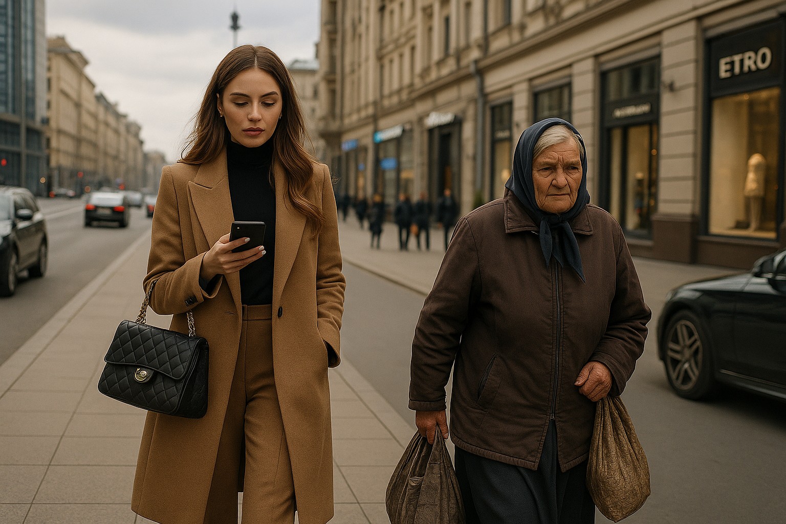Zwei kontrastierende Frauen gehen nebeneinander auf einer eleganten Straße in Moskau – eine junge, modisch gekleidete Frau mit Smartphone und Handtasche, und eine ältere Frau mit Kopftuch und einfachen Einkaufstaschen.
