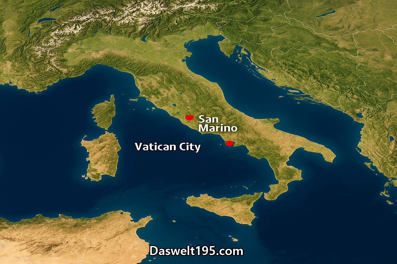 Satellitenkarte von Italien mit hervorgehobenen unabhängigen Staaten Vatikanstadt und San Marino in Rot.
