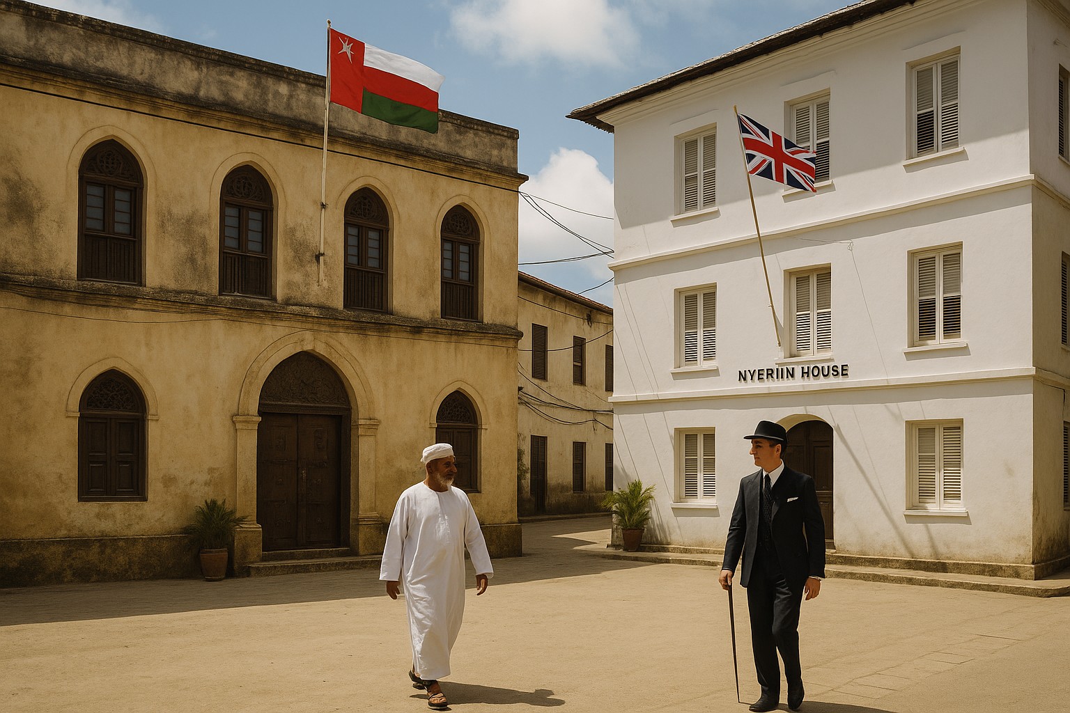 Zwei Männer – einer in omanischer Kleidung, der andere im britischen Anzug – gehen durch einen Platz zwischen einem arabischen und einem kolonialen Gebäude in Sansibar.
