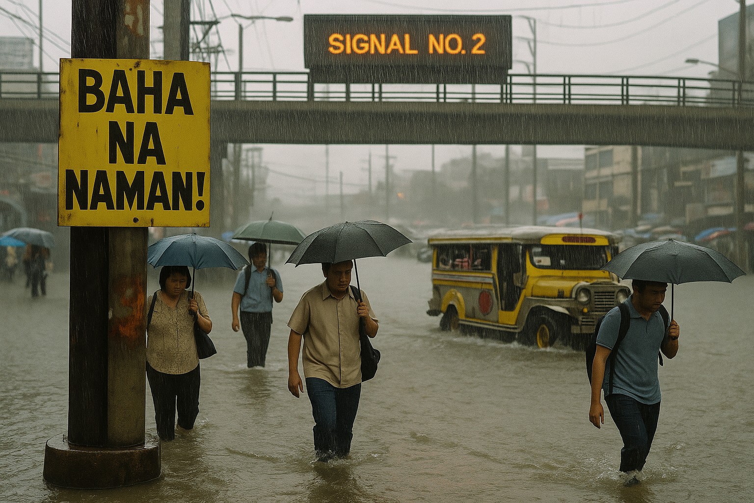 Überflutete Straße in Manila: Fußgänger waten mit Regenschirmen durch knietiefes Wasser, ein halb versunkener Jeepney im Hintergrund; gelbes Schild „BAHA NA NAMAN!“ (Tagalog „Schon wieder Überschwemmung!“) und LED-Anzeige „SIGNAL NO. 2“ weisen auf Starkregen hin.
