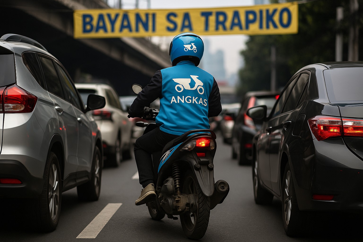 Ein Angkas-Motorradkurier schlängelt sich durch zwei dichte Pkw-Spuren in Manila; über der Straße hängt eine gelbe Tagalog-Banner „BAYANI SA TRAPIKO“ (deutsch „Held im Stau“).
