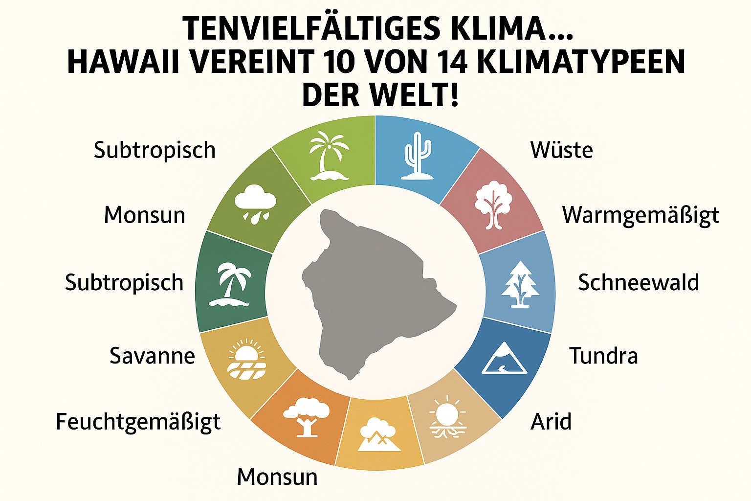 Eine runde Infografik zeigt in der Mitte die graue Silhouette der Insel Hawaiʻi; darum herum liegt ein farbiger Ring aus zehn Segmenten, die jeweils einen Klimatyp (z. B. Wüste, Monsun, Tundra) mit passendem Icon und deutschem Label darstellen. Überschrift: „TEN VIELFÄLTIGES KLIMA… HAWAII VEREINT 10 VON 14 KLIMATYPEN DER WELT!“.
