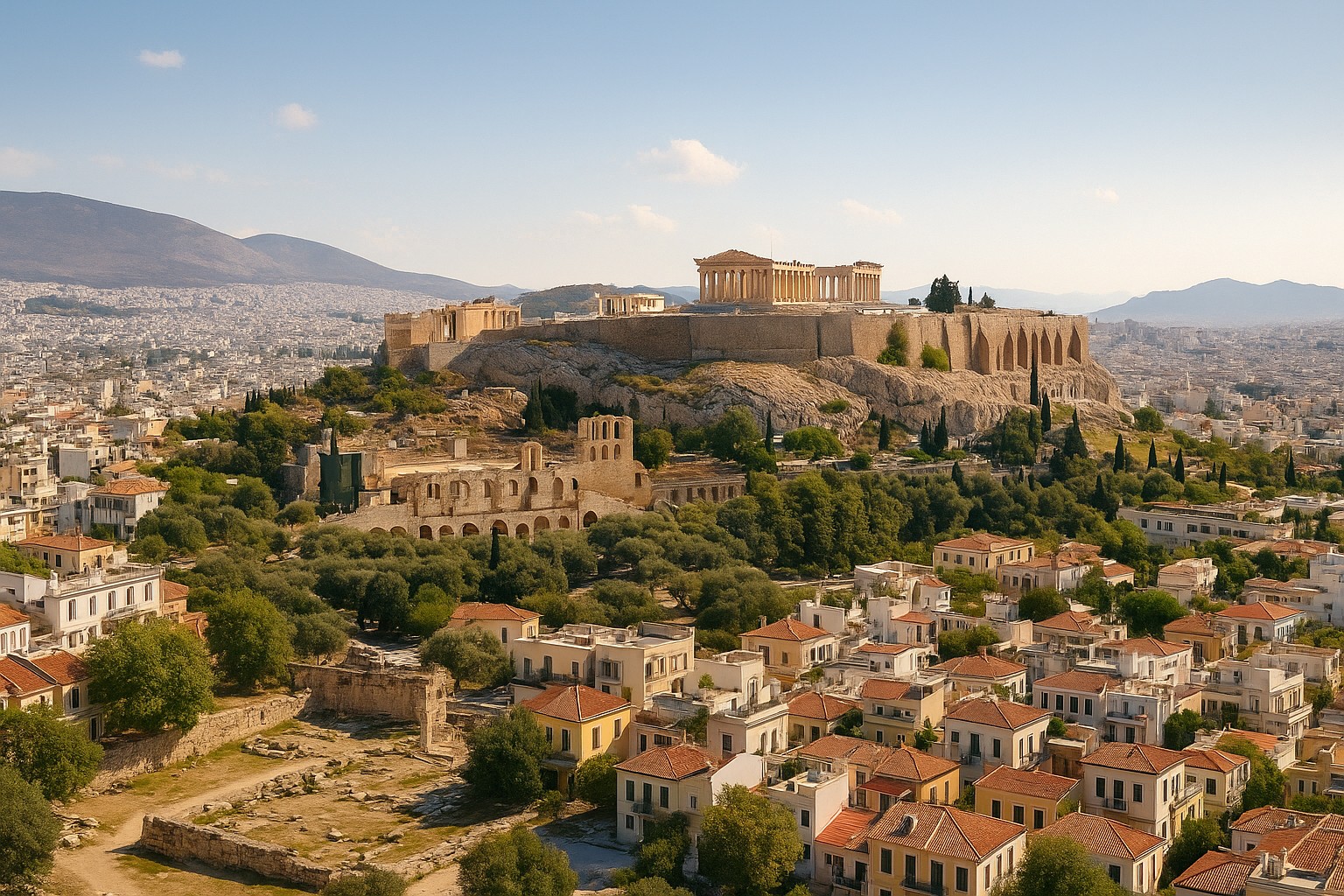 Panoramablick auf die Akropolis und die umliegenden Stadtteile von Athen – Antike und Gegenwart nebeneinander.
