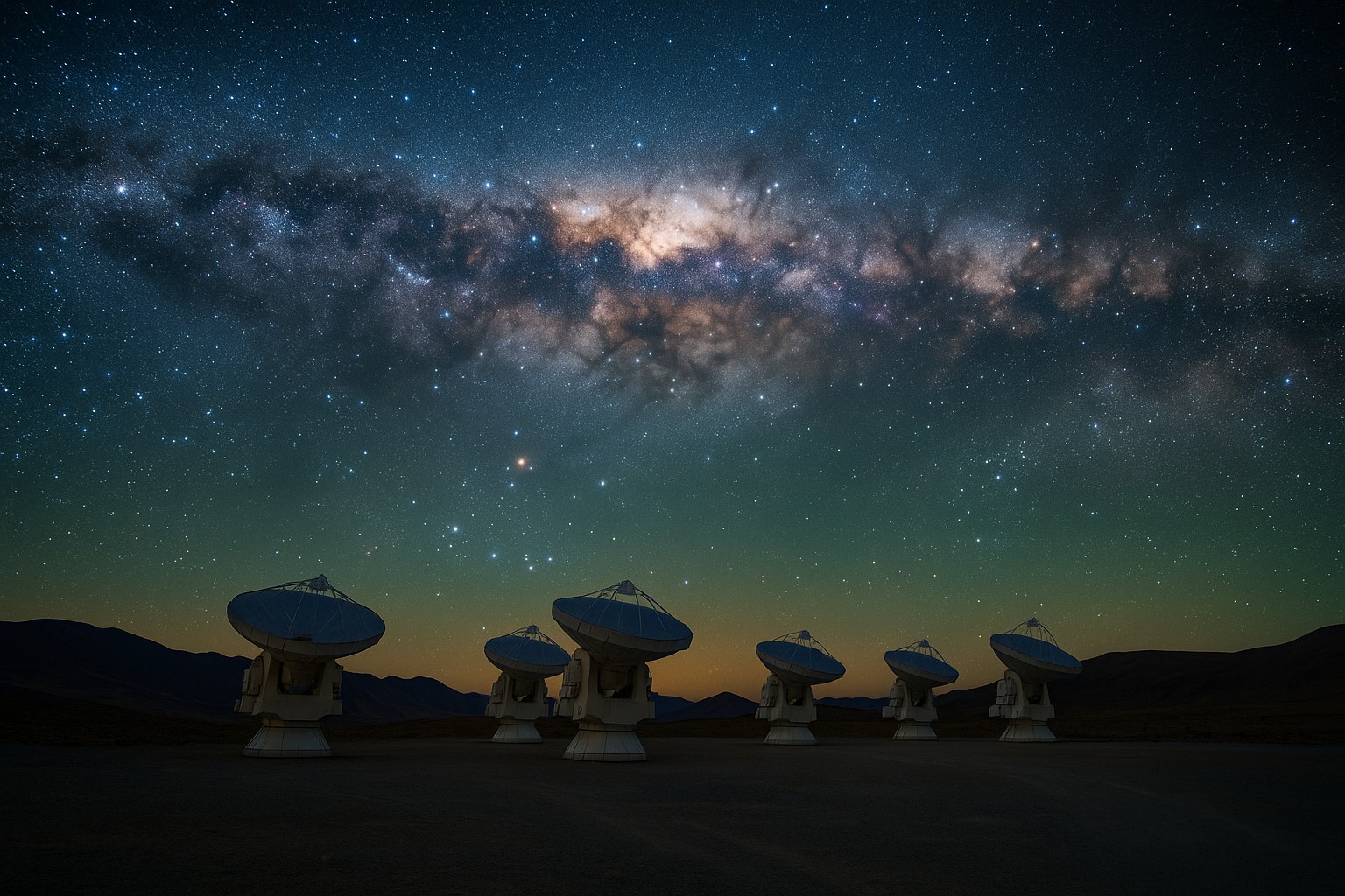 Eine nächtliche Panoramaaufnahme zeigt sechs ALMA-Radioteleskope unter einem spektakulären Bogen der Milchstraße in der Atacama-Wüste; über den stillen Bergen leuchtet ein makelloser Sternenhimmel.
