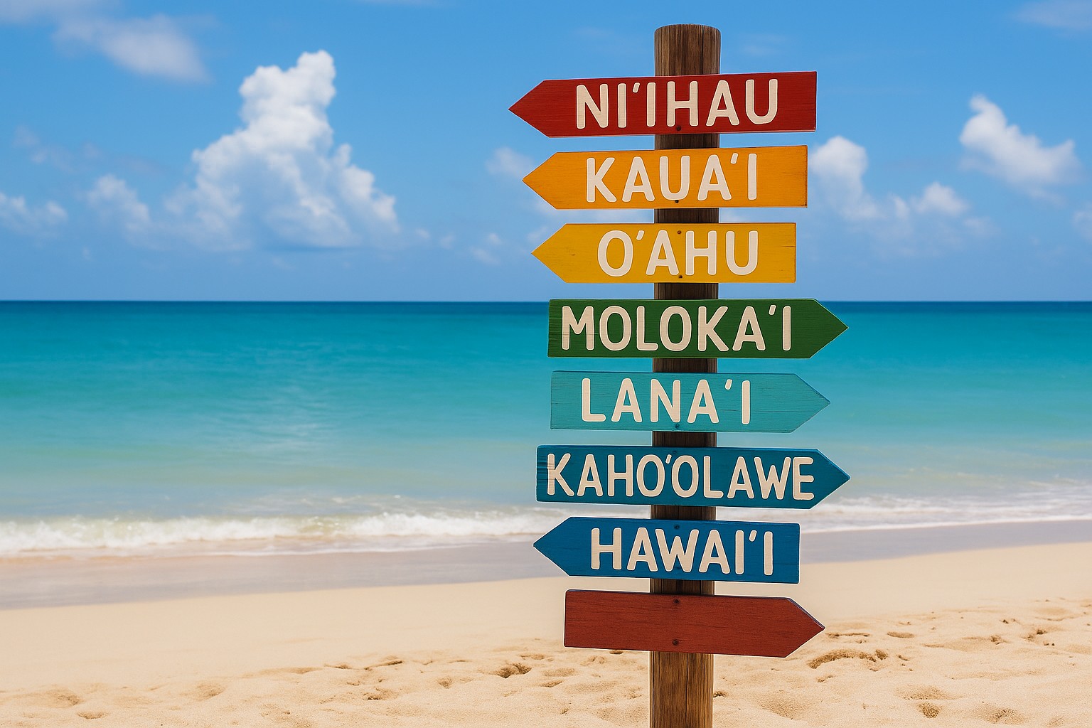 Ein hölzener Wegweiser steht im Sandstrand von Oʻahu; acht bunte Pfeile zeigen in verschiedene Richtungen und tragen die Inselnamen: Niʻihau (rot), Kauaʻi (orange), Oʻahu (gelb), Molokaʻi (grün), Lānaʻi (türkis), Kahoʻolawe (blau) und Hawaiʻi Island (dunkelblau). Dahinter schimmert das türkisfarbene Meer unter wolkenlosem Himmel.
