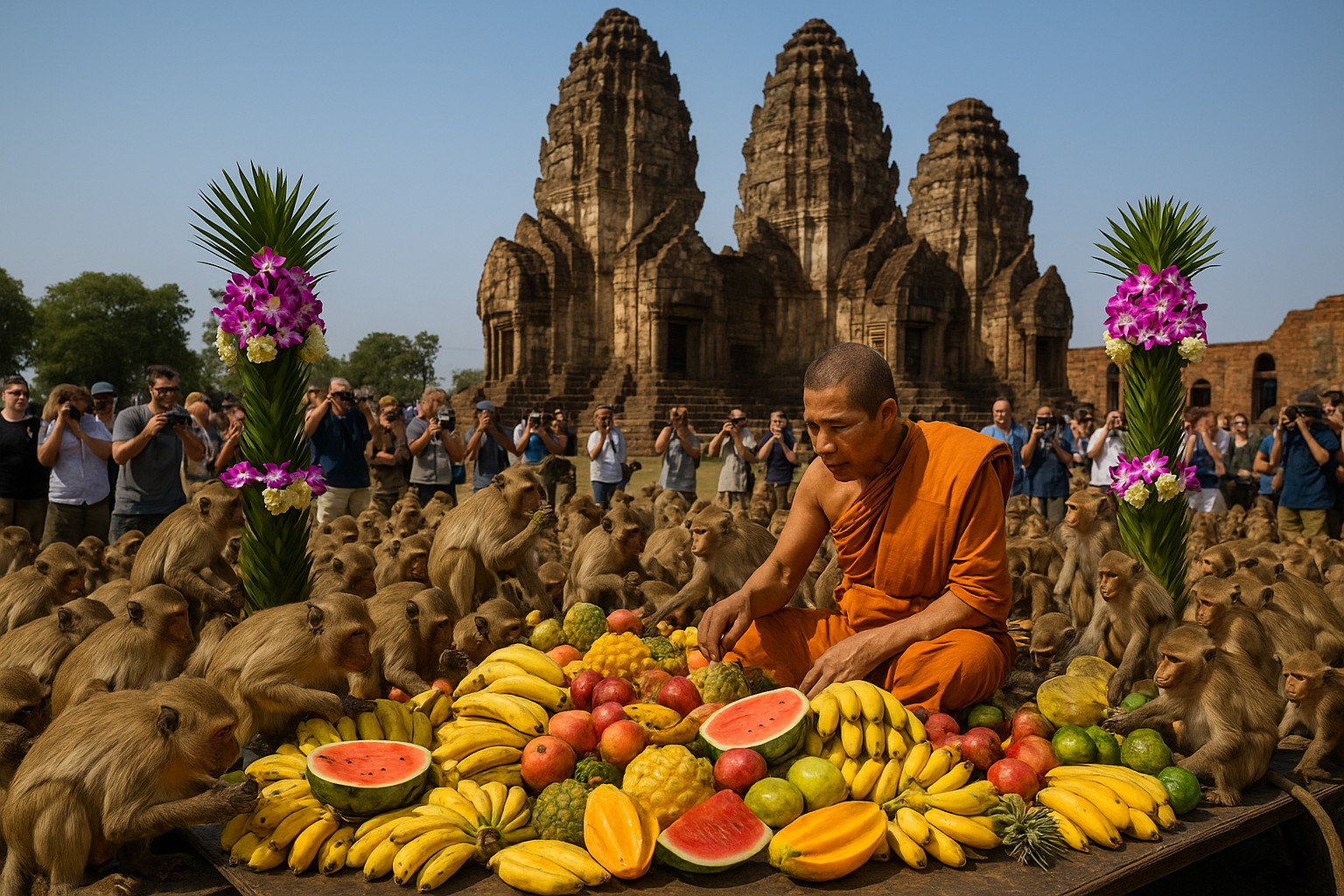 Zahlreiche Makaken-Affen versammeln sich um eine reich gedeckte Obsttafel vor dem historischen Tempel Phra Prang Sam Yot in Lopburi, während Touristen das Spektakel fotografieren.
