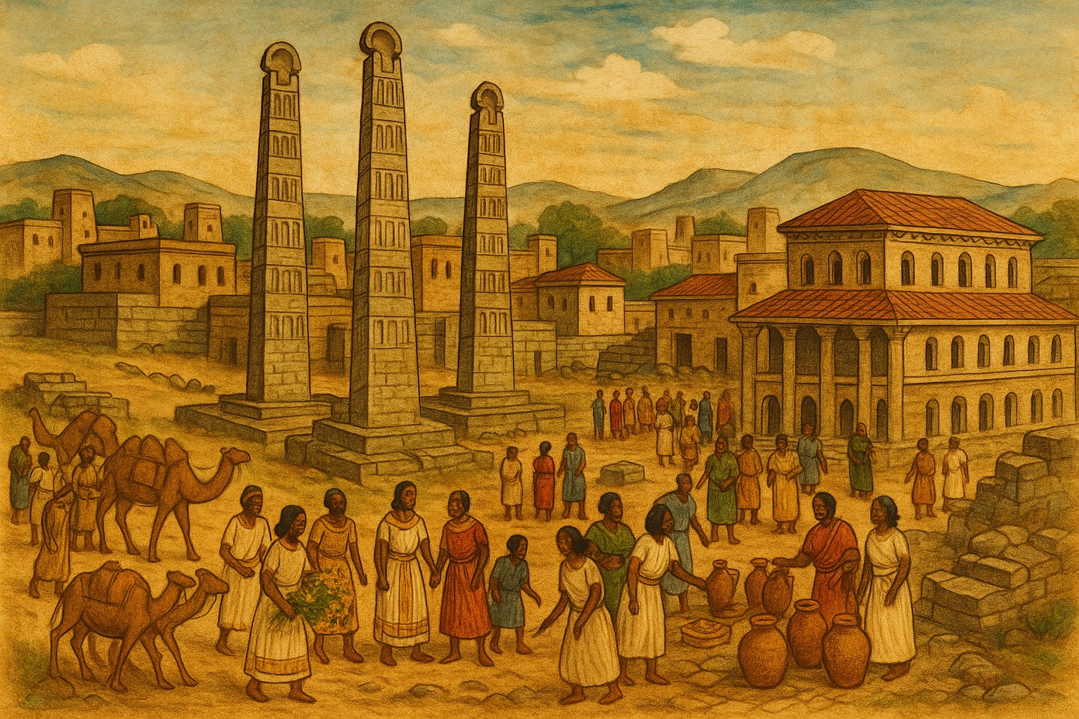  Historische Illustration des antiken Königreichs Aksum mit Stelen, Handelskarawanen und Gebäuden aus dem 4. Jahrhundert.

