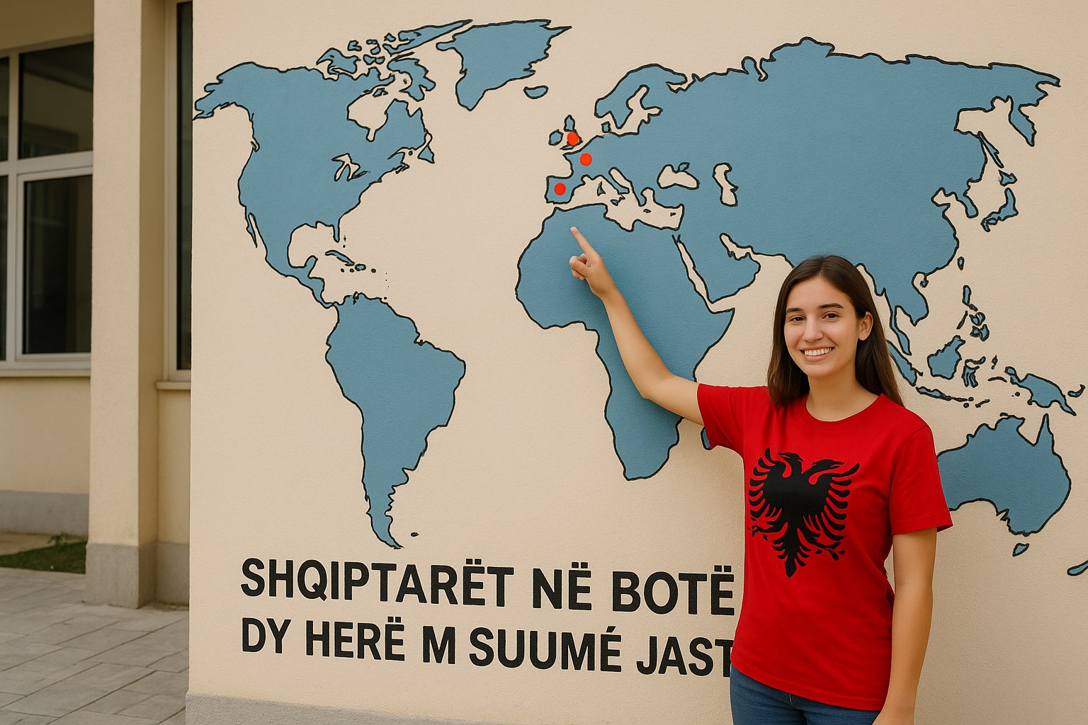 Eine junge Albanerin steht vor einer hellen Wand mit einer Weltkarte. Sie trägt ein rotes T-Shirt mit dem schwarzen Doppeladler und zeigt lächelnd auf einen markierten Punkt über Deutschland. Auf der Wand steht auf Albanisch: „Shqiptarët në botë – Dy herë më shumë jashtë“.
