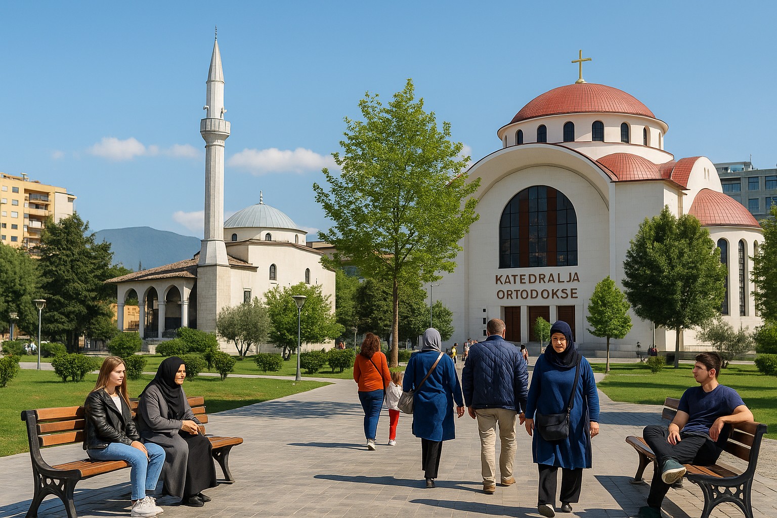 Menschen verschiedener Altersgruppen sitzen auf den Stufen eines öffentlichen Platzes in Tirana; im Hintergrund eine Moschee mit Minarett, daneben ein modernes Gebäude mit neutraler Fassade, Symbol für religiöse Toleranz.
