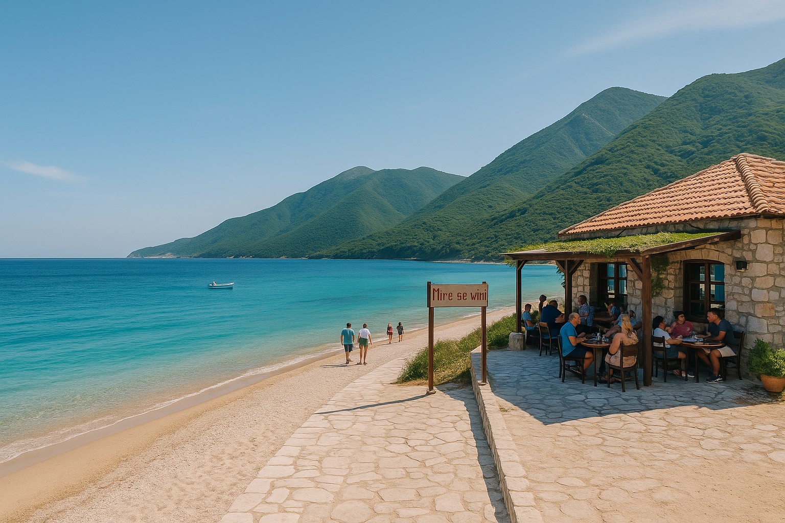 Küstenlandschaft in Albanien mit türkisblauem Wasser, Sandstrand, grünen Hügeln im Hintergrund und wenigen Touristen – mediterrane Idylle zwischen Natur und Ruhe.
