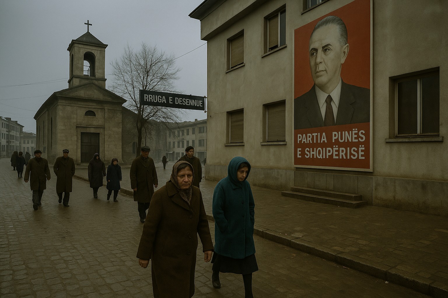 Straße im kommunistischen Albanien der 1980er Jahre, mit geschlossenen religiösen Gebäuden, grauem Himmel und albanischen Propagandaplakaten, Menschen in schlichten Wintermänteln.
