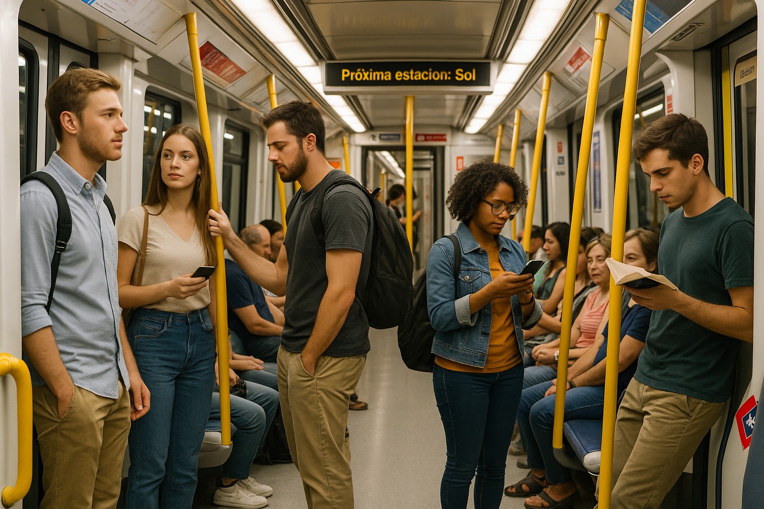 Innenansicht einer modernen Metro in Madrid mit gelben Haltestangen, einer Mischung aus stehenden und sitzenden Fahrgästen, und einem Display mit der Aufschrift „Próxima estación: Sol“. 