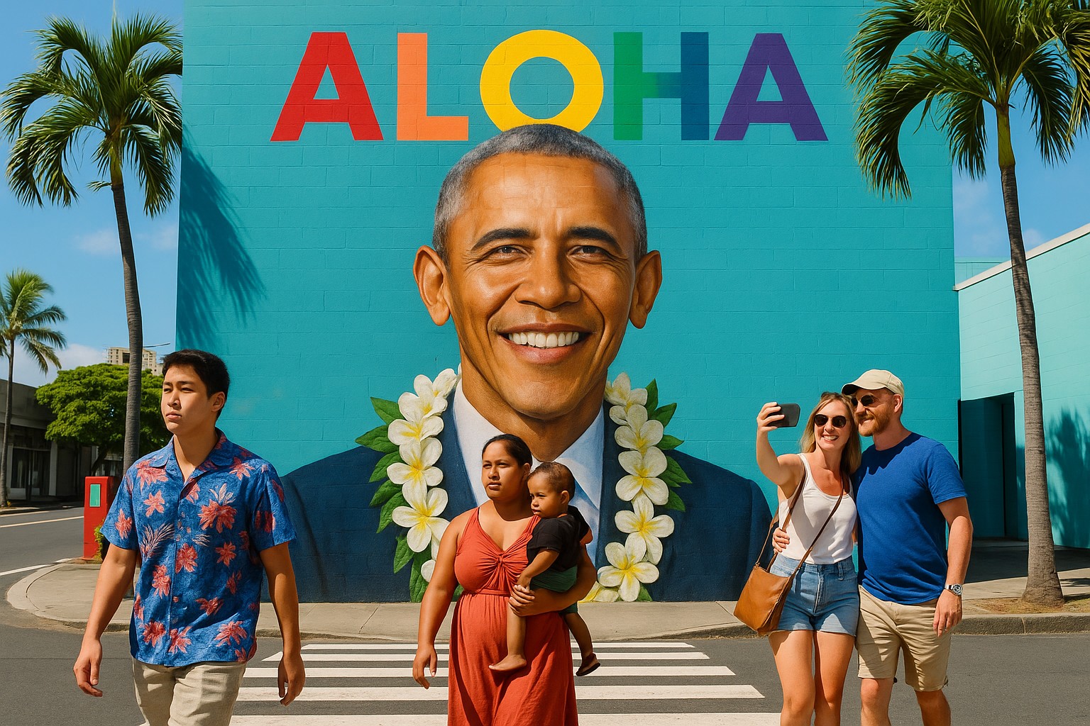 Eine farbenfrohe Wandmalerei in Honolulus Szeneviertel Kakaʻako zeigt Barack Obama mit einem weißen Plumeria-Lei und dem Schriftzug „ALOHA“ darüber; davor überquert eine multiethnische Gruppe – ein asiatischer junger Mann, eine polynesische Mutter mit Kind und zwei weiße Touristen beim Selfie – die Straße unter Palmen und blauem Himmel.
