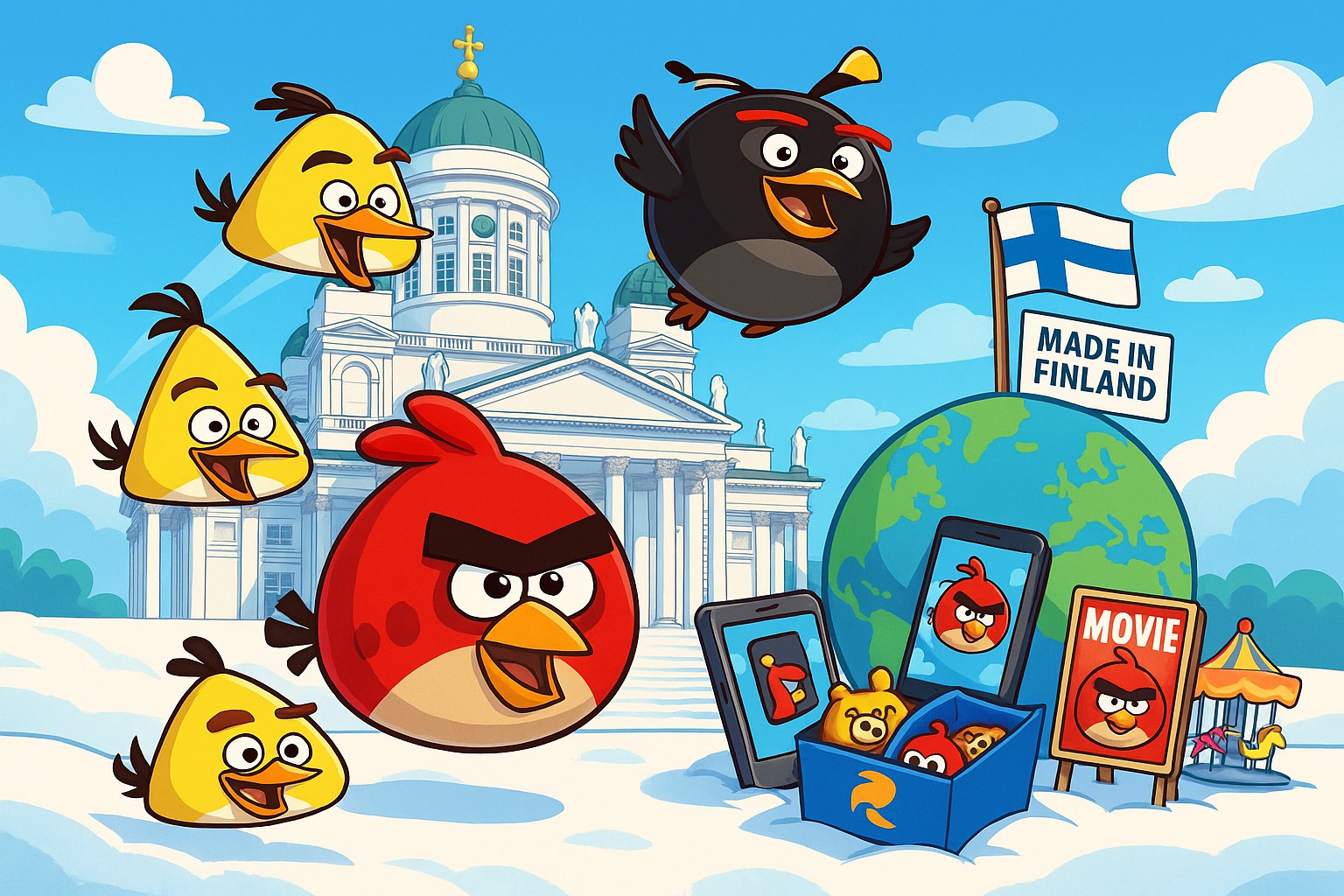 Illustration der Angry Birds-Charaktere vor der Kathedrale von Helsinki mit finnischer Flagge – Symbol für den weltweiten Erfolg der finnischen Marke.
