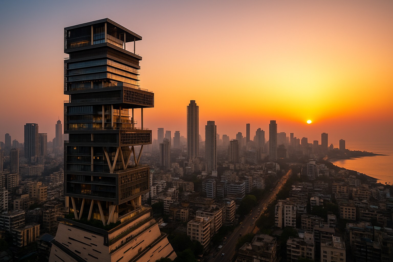 Ein hochauflösendes Foto zeigt das Luxuswohngebäude Antilia in Mumbai bei Sonnenuntergang, umgeben von der städtischen Skyline und dem Arabischen Meer.
