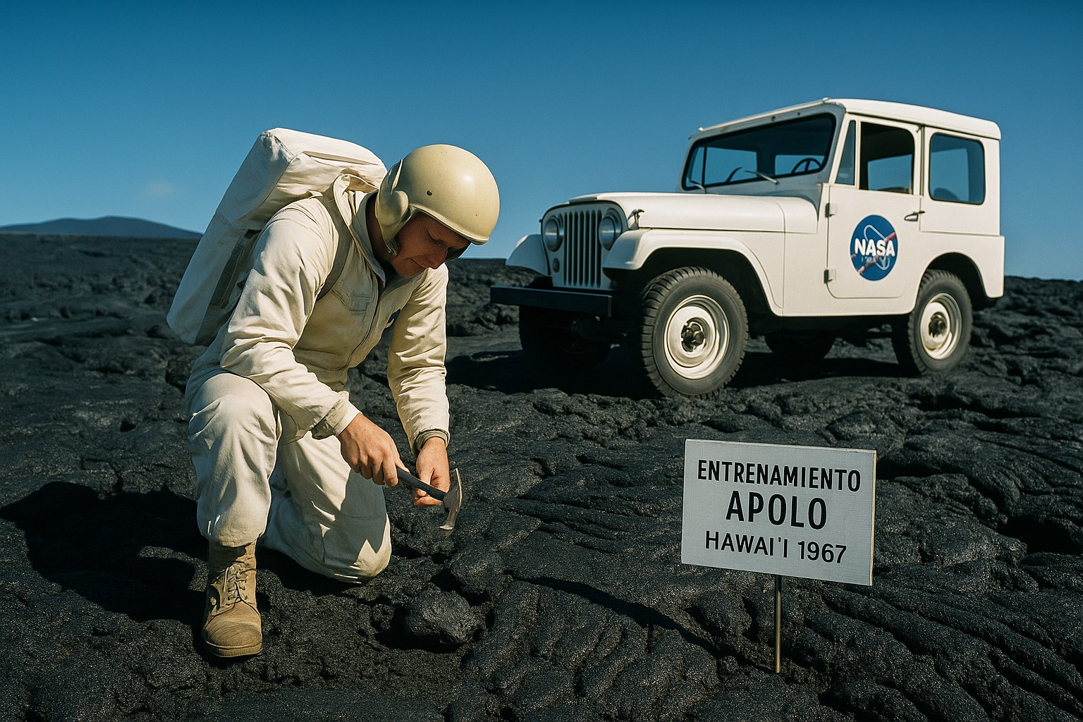 Ein farbig rekonstruiertes Foto von 1967 zeigt einen Astronauten in heller Trainingsausrüstung, der auf schwarzer Lava des Mauna Loa kniet und mit einem Hammer Gestein untersucht; rechts parkt ein weißer Jeep mit NASA-Logo, davor ein Schild „ENTRENAMIENTO APOLO – HAWAI‘I 1967“.
