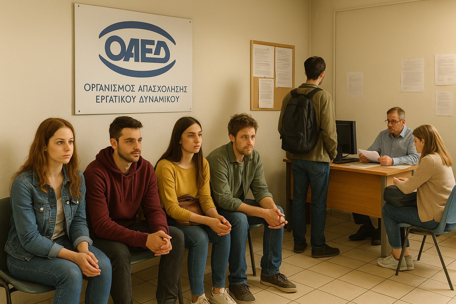 Junge Menschen warten in einem griechischen Arbeitsamt (ΟΑΕΔ) auf Beratung oder Jobangebote.
