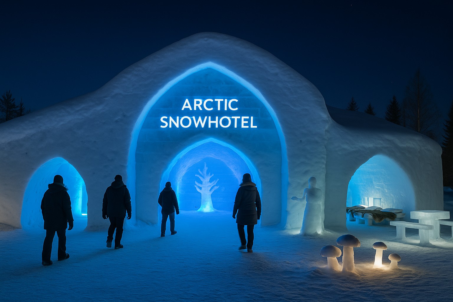 Eingang des Arctic SnowHotels in Rovaniemi, Finnland, bei Nacht – beleuchtet mit blauen Lichtern, Besucher betreten das Hotel aus Schnee und Eis.
