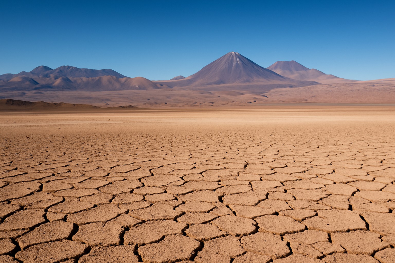 Eine hochauflösende Aufnahme der Atacama-Wüste in Chile zeigt eine weite, rissige, trockene Ebene unter einem klaren blauen Himmel, mit Bergen im Hintergrund.
