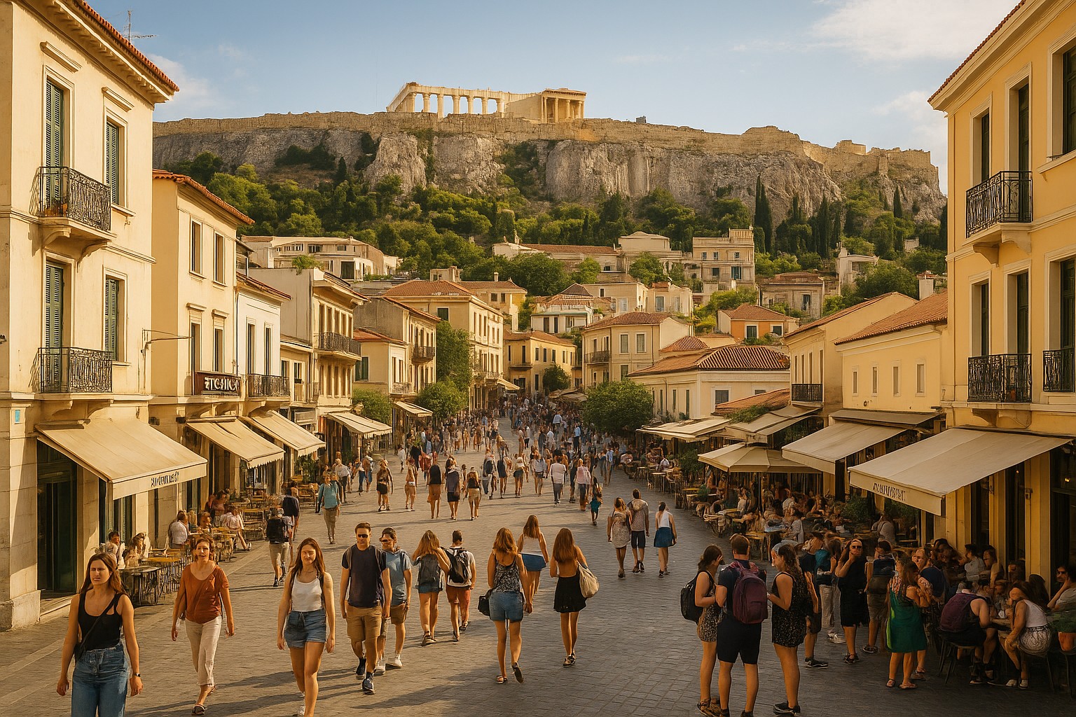 Eine belebte Straße in Athen mit Blick auf die Akropolis im Hintergrund, umgeben von neoklassischen Gebäuden und Cafés.
