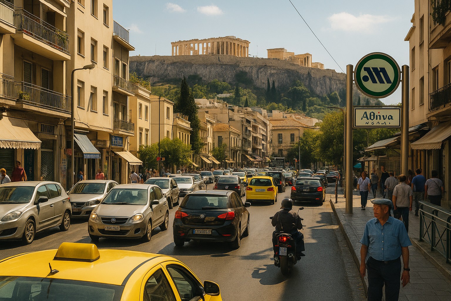 Verkehrsreicher Straßenabschnitt in Athen mit Blick auf die Akropolis und einer Metrostation im Vordergrund.
