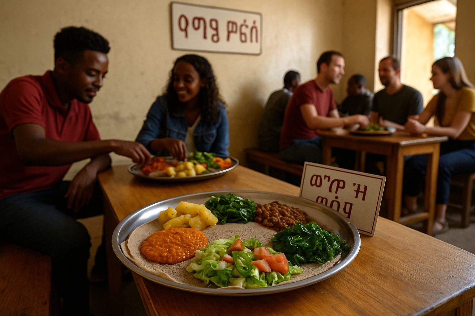 Ethiopisches Restaurant mit Injera und ausschließlich veganen Gerichten – Schild „የጾም ምግብ“ zeigt Fastenangebote für orthodoxe Tage.
