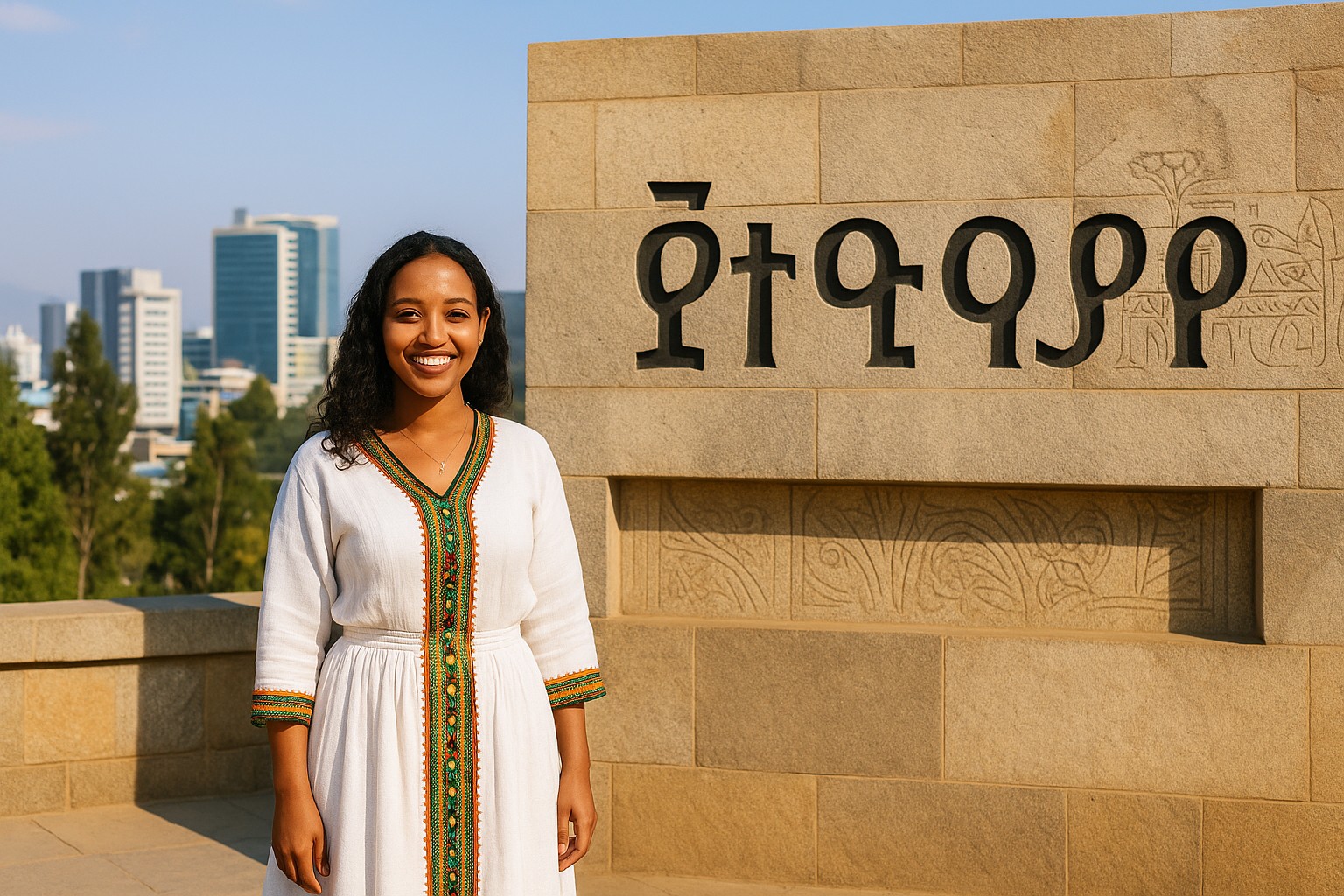 Äthiopische Frau in traditionellem Kleid vor Steinwand mit dem Schriftzug „ኢትዮጵያ“, im Hintergrund Addis Abeba bei Tageslicht.
