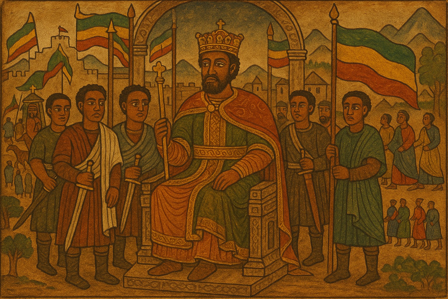 Traditionelle äthiopische Illustration eines Königs von Aksum auf seinem Thron mit königlichem Gefolge.
