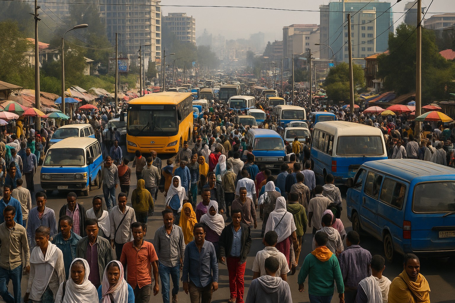Eine überfüllte Straße im Zentrum von Addis Abeba, Äthiopien – mit Fußgängern, Bussen und Marktständen in lebhafter Bewegung.
