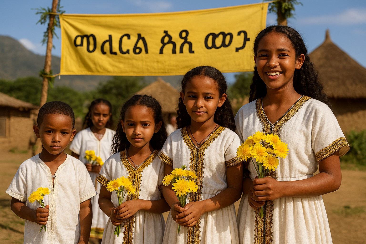  Äthiopische Kinder in traditioneller Kleidung feiern Neujahr mit gelben Blumen vor einem Banner „መልካም አዲስ ዓመት“.
