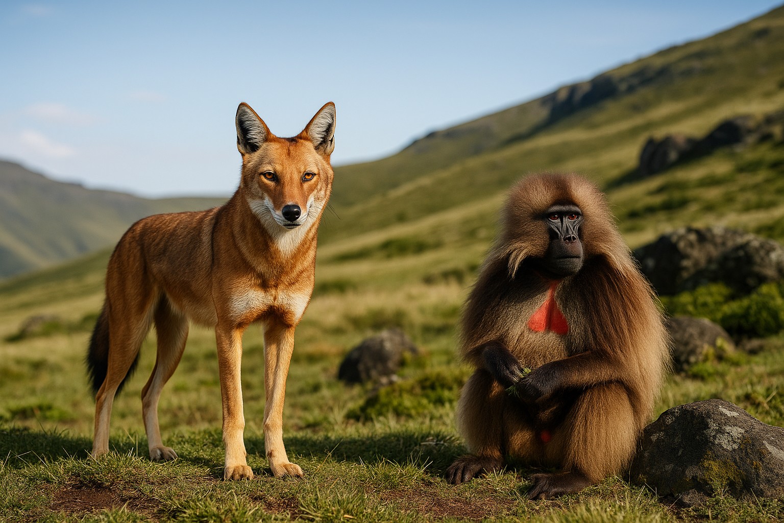 Ein hochauflösendes Foto zeigt einen äthiopischen Wolf und einen Gelada-Affen im äthiopischen Hochland.
