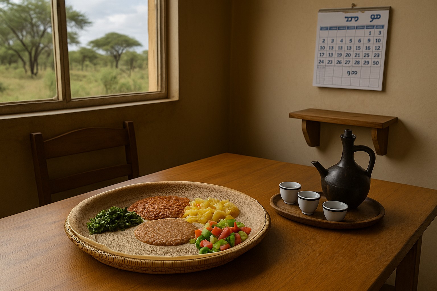Holztisch mit Injera-Platte voller Gemüse- und Linsengerichten, traditionelles Kaffee-Set und Fensterblick auf Akazienlandschaft; Kalender mit vielen Fastentagen an der Wand.

