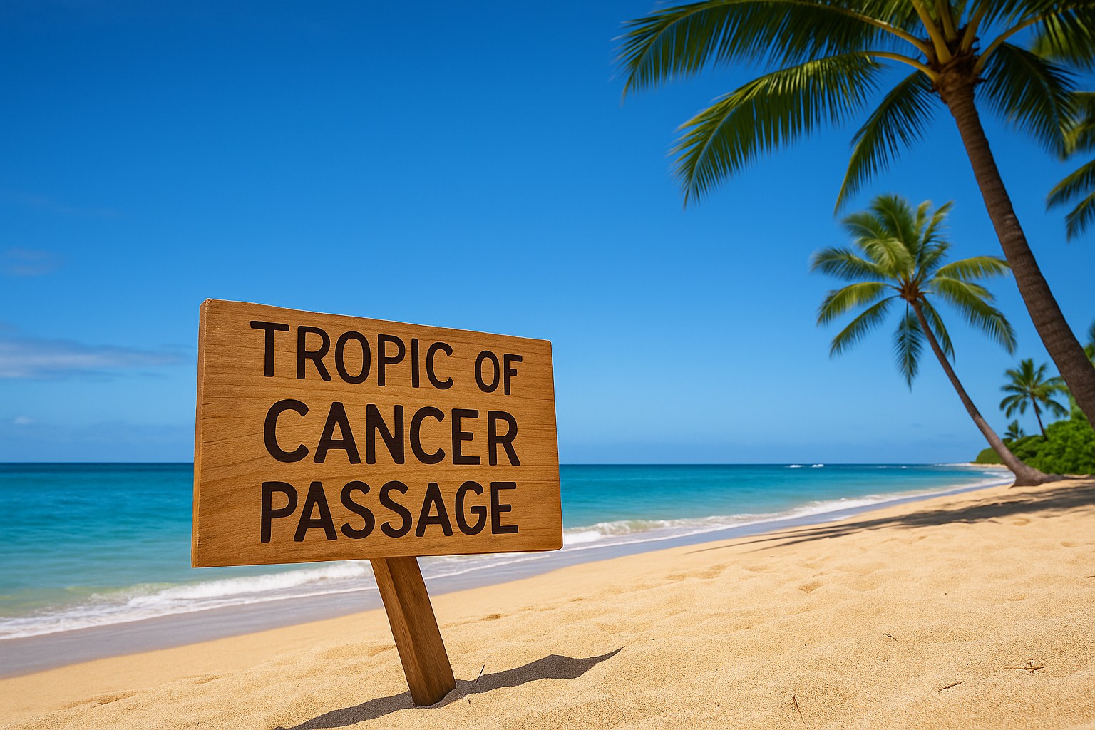 Ein sandiger Strand auf Kauaʻi mit türkisfarbenem Meer: Im Vordergrund steckt eine Holztafel „TROPIC OF CANCER PASSAGE“ leicht schräg im Sand, während hohe Palmenblätter in den klaren, blauen Himmel ragen.
