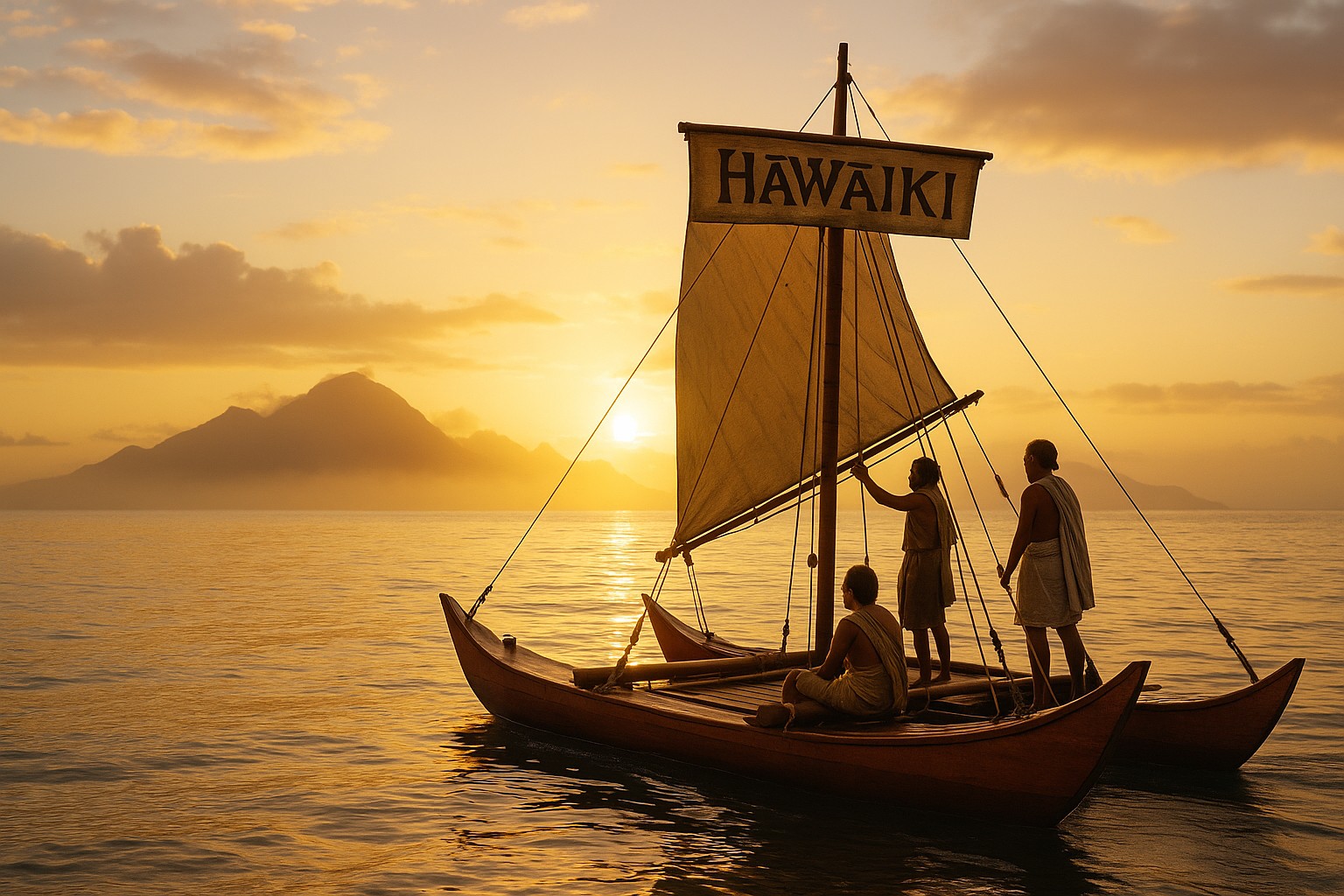 Ein traditioneller polynesischer Doppelrumpf-Kahn segelt bei Sonnenuntergang auf ruhigem Pazifik – drei Navigatoren in Tapa-Gewändern stehen an Deck, während auf dem Mast ein Holzschild mit der Aufschrift „HĀWAIKI“ prangt; am Horizont zeichnen sich im Dunst erste hawaiianische Inseln ab.

