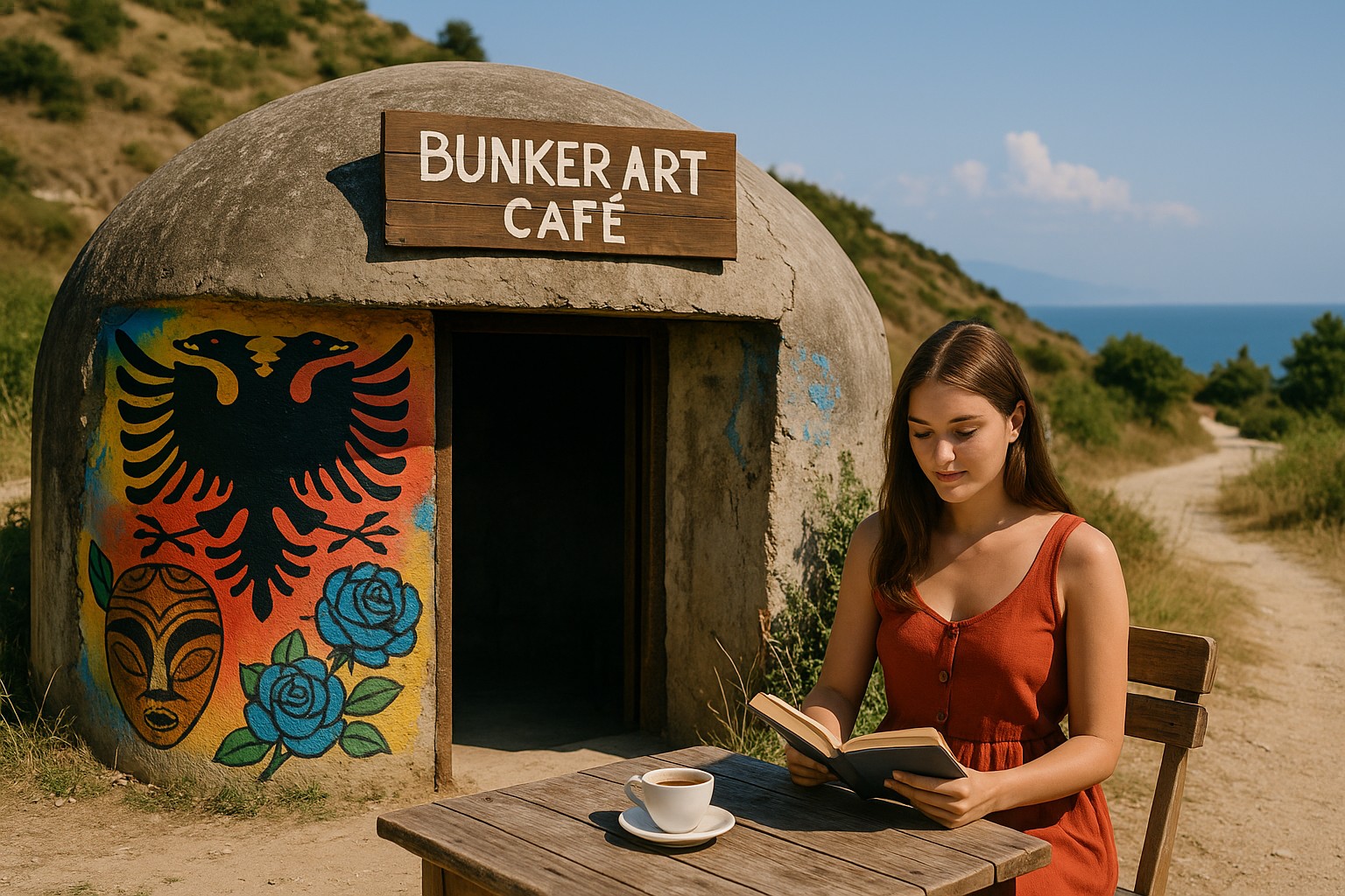 Eine junge Frau liest ruhig ein Buch vor einem ehemaligen Bunker, der zu einem Café umfunktioniert wurde. Der Bunker ist mit einem Wandgemälde verziert – darunter der albanische Doppeladler, zwei blaue Rosen und eine traditionelle Maske. Im Hintergrund erstreckt sich eine hügelige Landschaft mit Blick auf das Meer.
