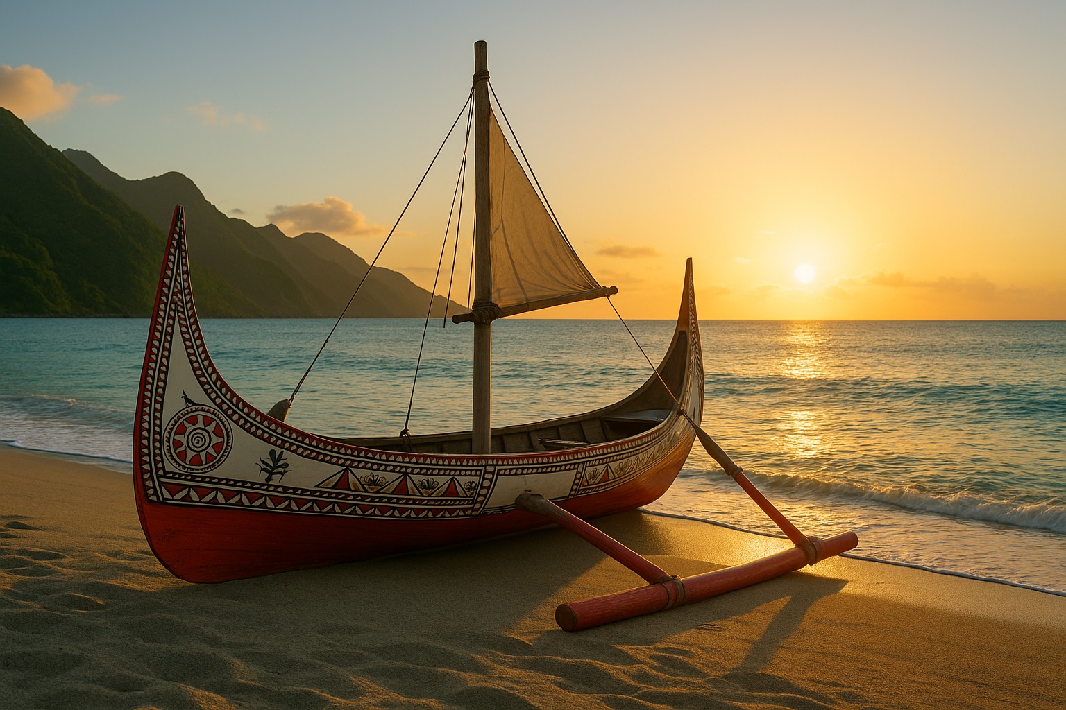 Ein traditionelles austronesisches Auslegerkanu mit roten und schwarzen Mustern steht bei Sonnenaufgang am goldenen Strand, mit Blick auf das ruhige türkisfarbene Meer und grüne Berghänge im Hintergrund.
