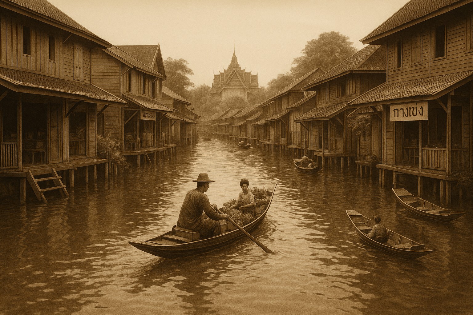 Eine alte Sepia-Aufnahme zeigt eine thailändische Wasserstraße mit traditionellen Holzhäusern auf Stelzen und kleinen Booten voller Menschen und Waren.

