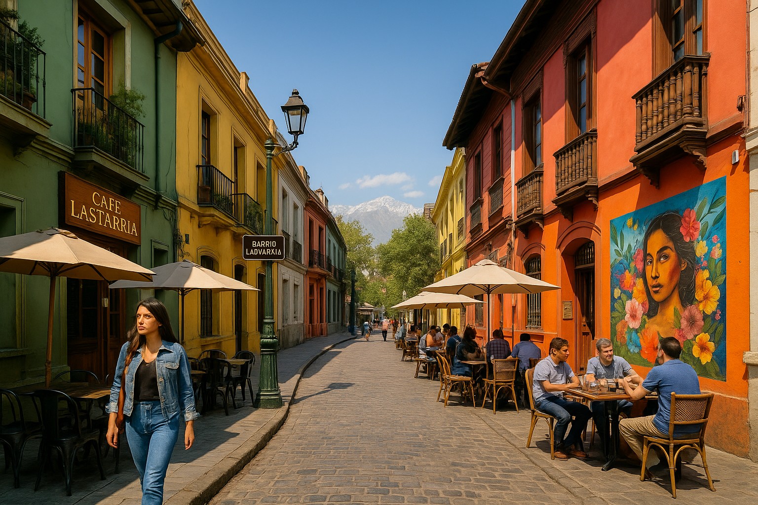 Eine sonnige Gasse im Barrio Lastarria, Santiago: Bunte koloniale Fassaden, Straßencafé mit Gästen, eine junge Frau spaziert im Vordergrund, während im Hintergrund schneebedeckte Andengipfel zwischen den Häusern aufragen.
