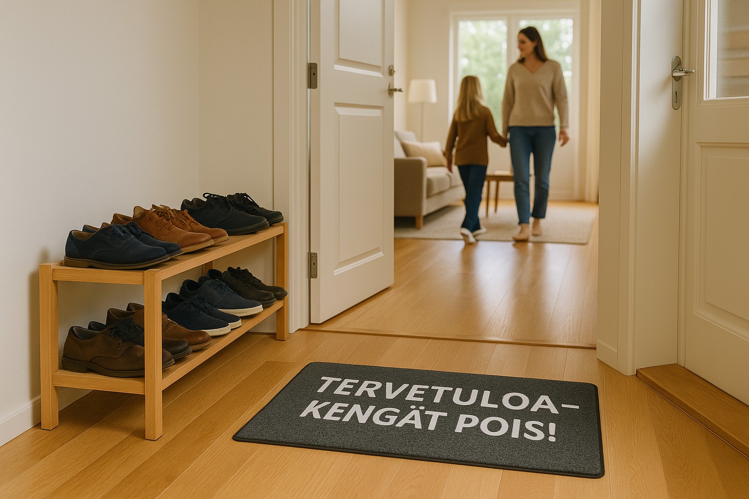 Eingang eines finnischen Hauses mit Schuhregal und Fußmatte „Tervetuloa – Kengät Pois!“ sowie Blick ins helle Wohnzimmer mit Mutter und Kind barfuß.

