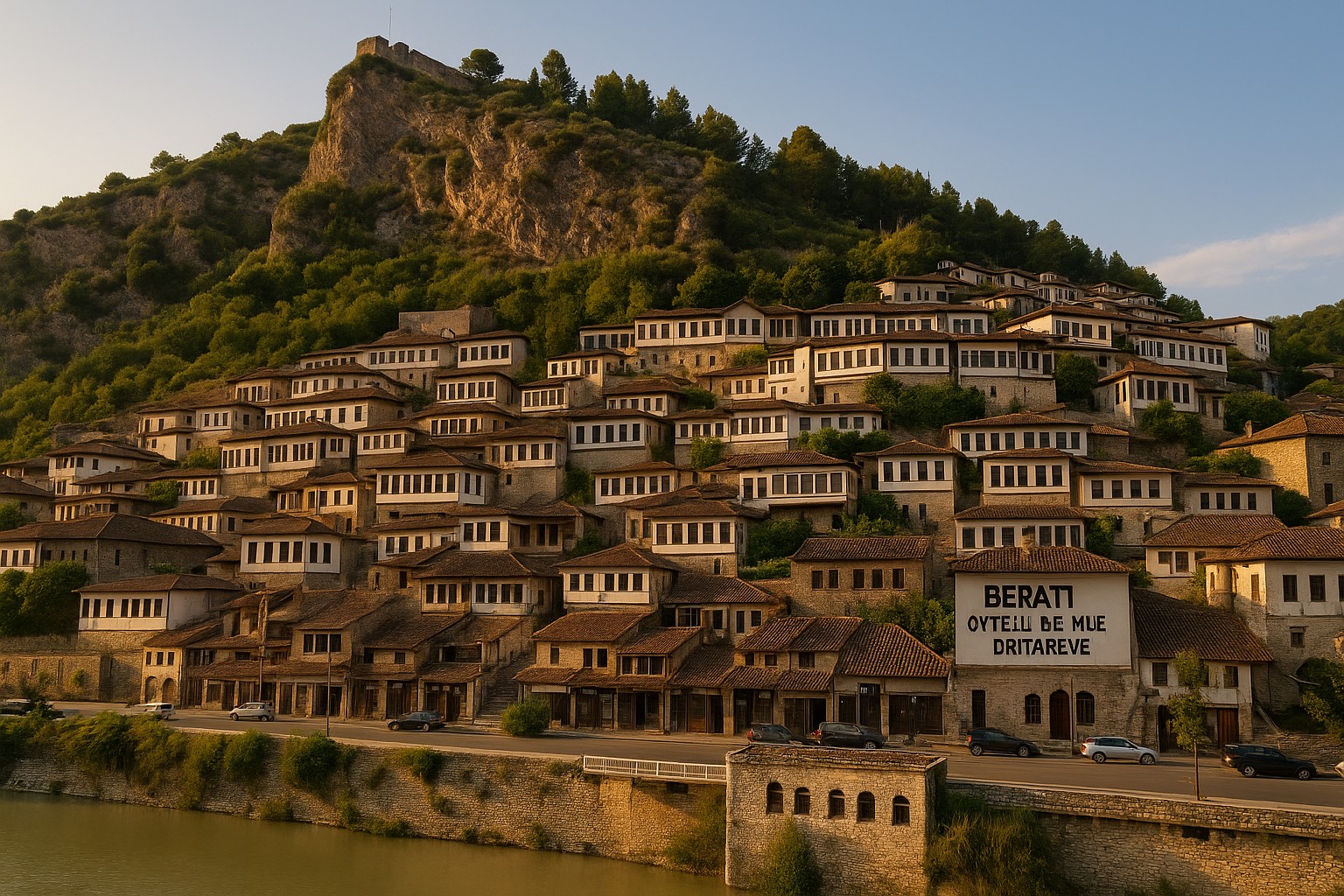 Panoramablick auf die historische albanische Stadt Berat mit ihren weißen Häusern an einem grünen Hang, typischen osmanischen Fenstern, roten Dächern und dem Osum-Fluss im Vordergrund, bei klarem Tageslicht.
